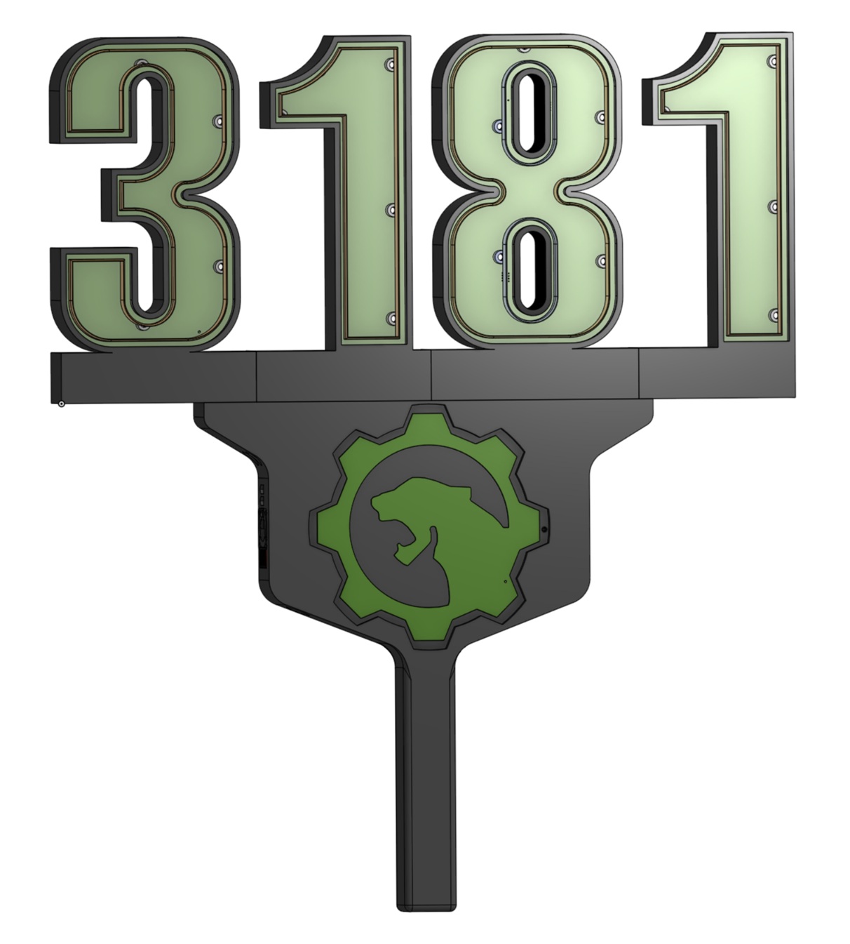 Illuminated four-digit team number sign with a lit gear emblem