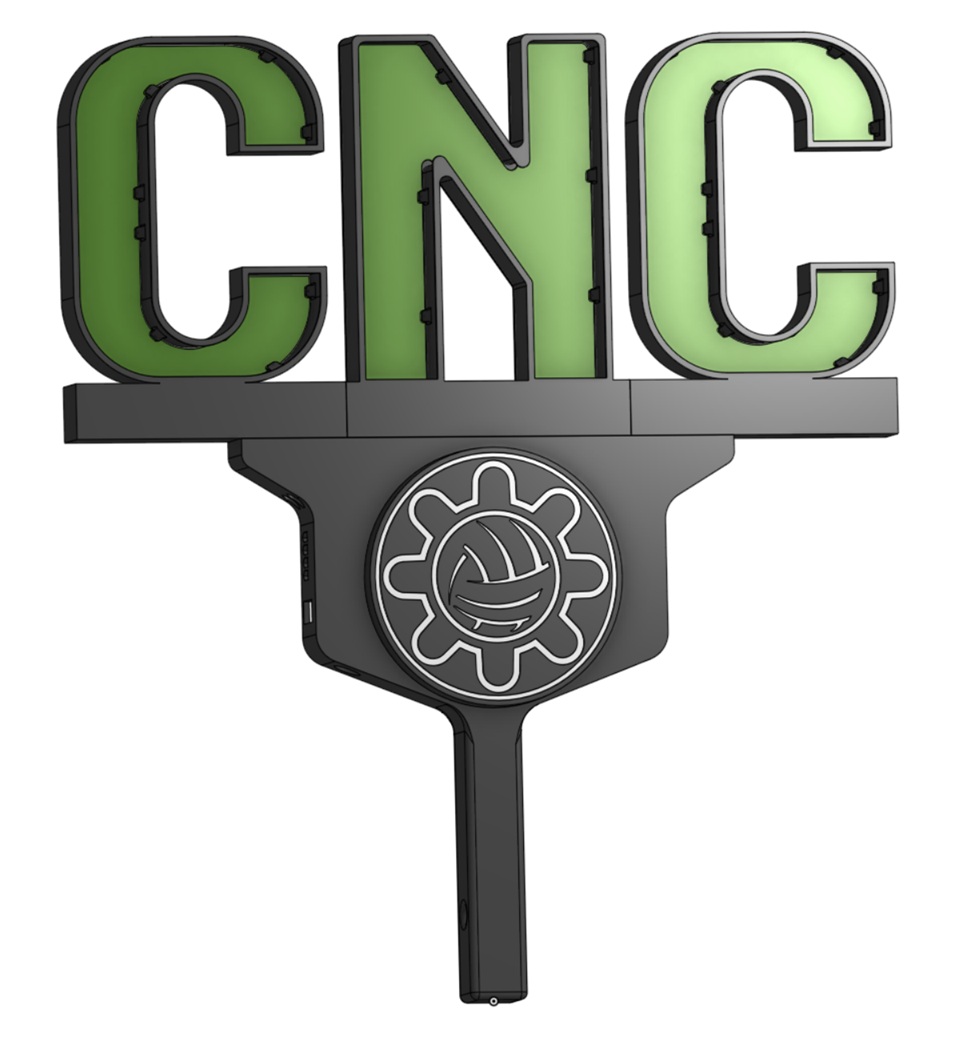 Illuminated lettered sign with a custom gear-and-ball emblem